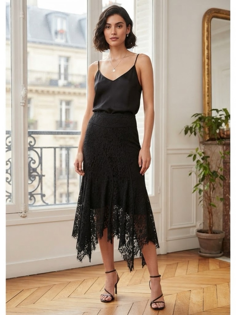 Cache Black Lace Asymmetrical Hem Midi Skirt